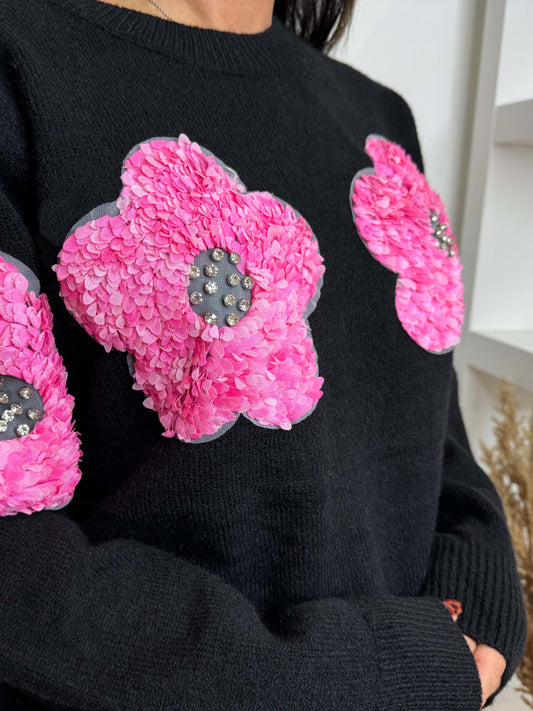 Pull en maille noir motifs fleurs rose 3D